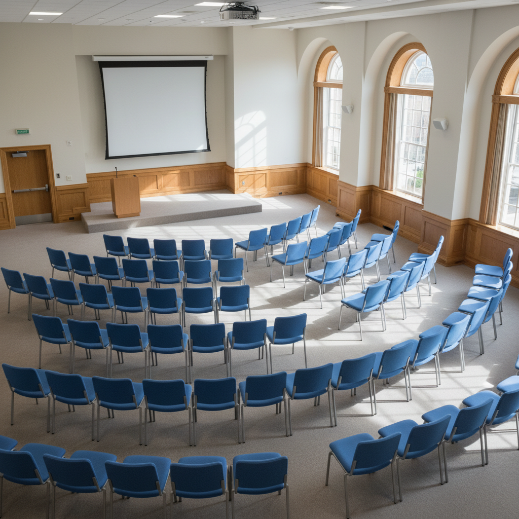 An elevated, wide-angle photographic view of a clean, well-maintained county meeting room with rows of empty, upholstered chairs facing the front, symbolizing citizen engagement and open government. At the front, a simple wooden podium and projection screen stand ready, with no text visible, suggesting preparation for public discussion. Natural afternoon light pours in from tall side windows, casting soft, elongated shadows across the carpet and highlighting subtle textures in the wood trim. The mood is open, transparent, and welcoming, with a balanced composition that leads the eye from the foreground seating to the front of the room. Photographic realism and neutral colors emphasize professionalism, stability, and community focus.